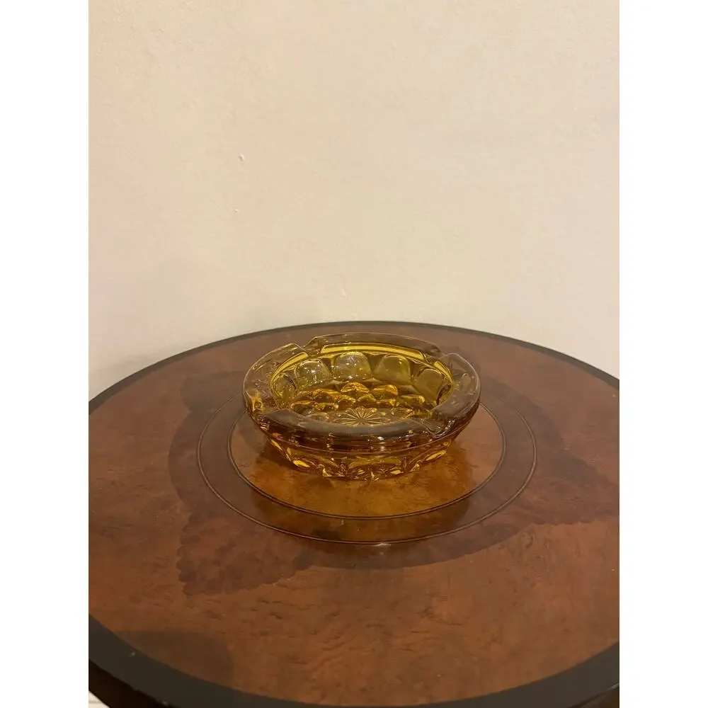 Vintage Amber Glass Ashtray Mid Century Modern Starburst Thumbprint Trinket Dish